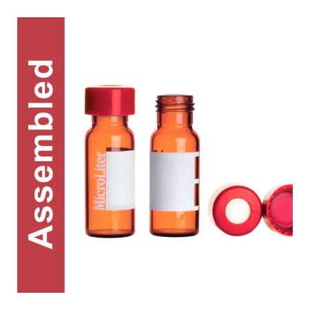 Cp Lab Safety. Wheaton MicroLiter Amber Screw Thread Vial Kit, Red 9mm Cap, PTFE/Silicone, Pre-Cut, 100pk 09-2235R-A